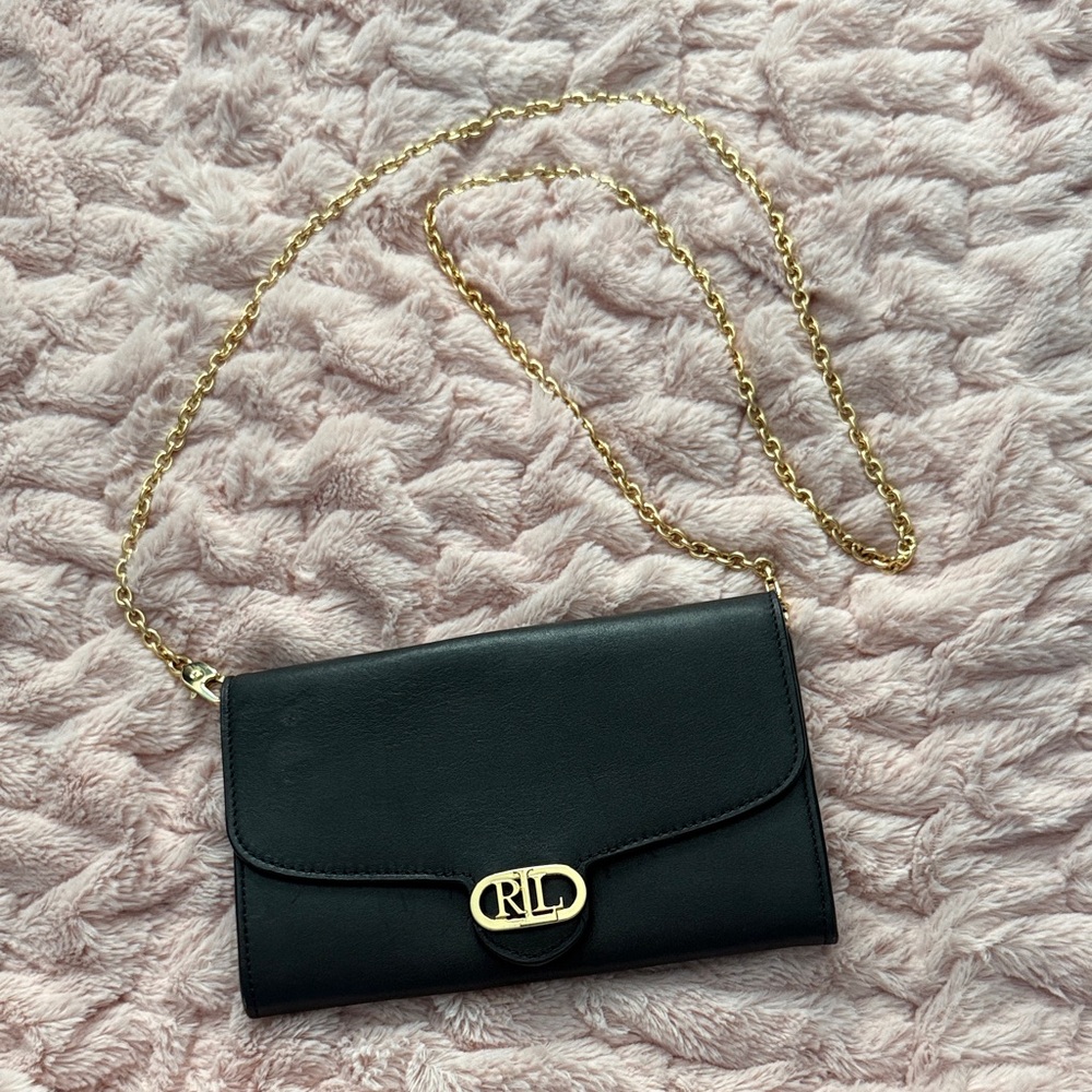 Ralph Lauren Black Leather Crossbody with Gold Chain and RL Logo